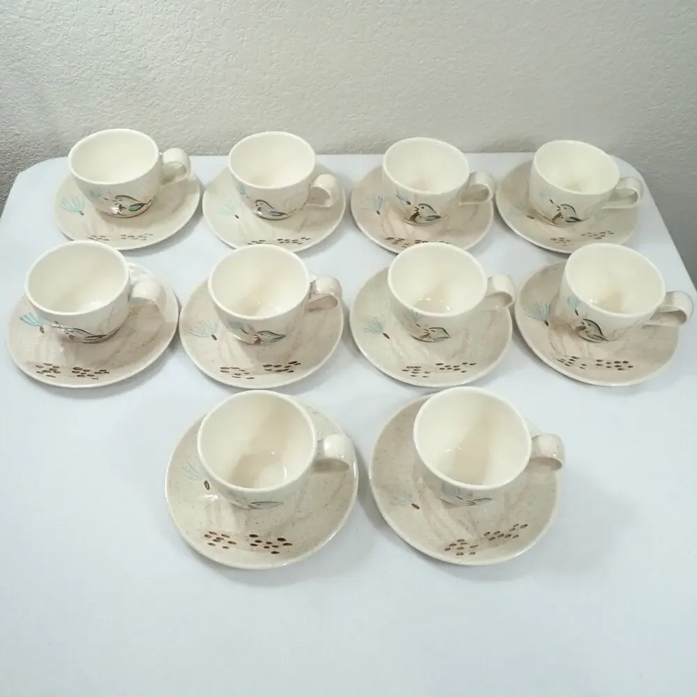 Red Wing Bob White Quail 10 Cup Saucer Sets MCM Hand Painted Pottery Vintage